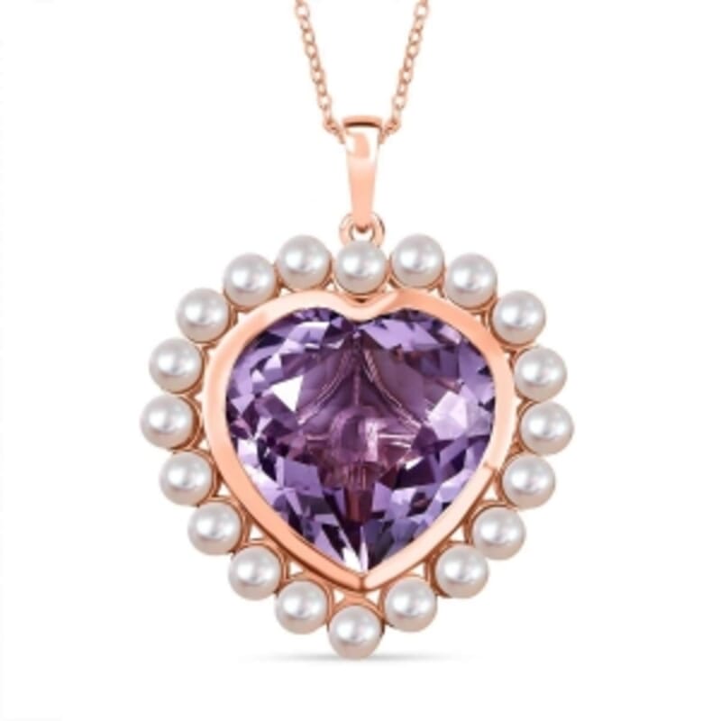 D'Joy Rose De France Amethyst 17.70 ctw and Freshwater Pearl Pendant Necklace (20 Inches) in 18K Vermeil RG Over Sterling Silver