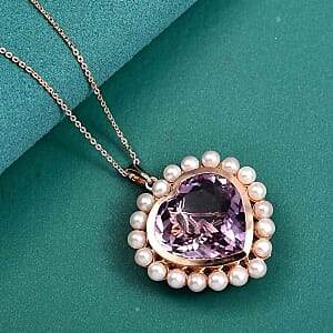 D'Joy Rose De France Amethyst 17.70 ctw and Freshwater Pearl Pendant Necklace (20 Inches) in 18K Vermeil RG Over Sterling Silver