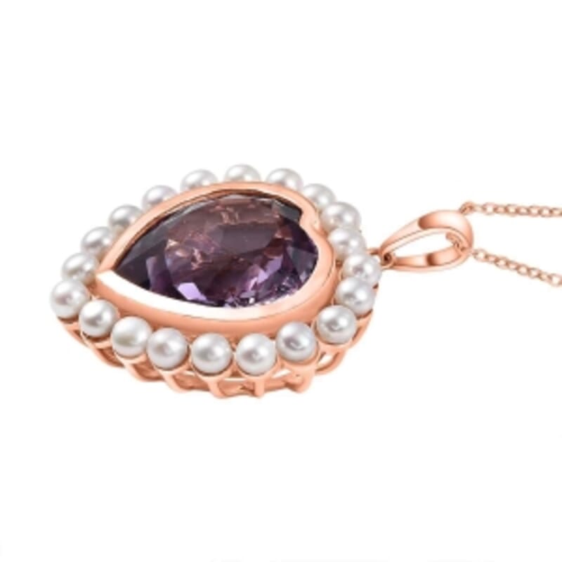 D'Joy Rose De France Amethyst 17.70 ctw and Freshwater Pearl Pendant Necklace (20 Inches) in 18K Vermeil RG Over Sterling Silver