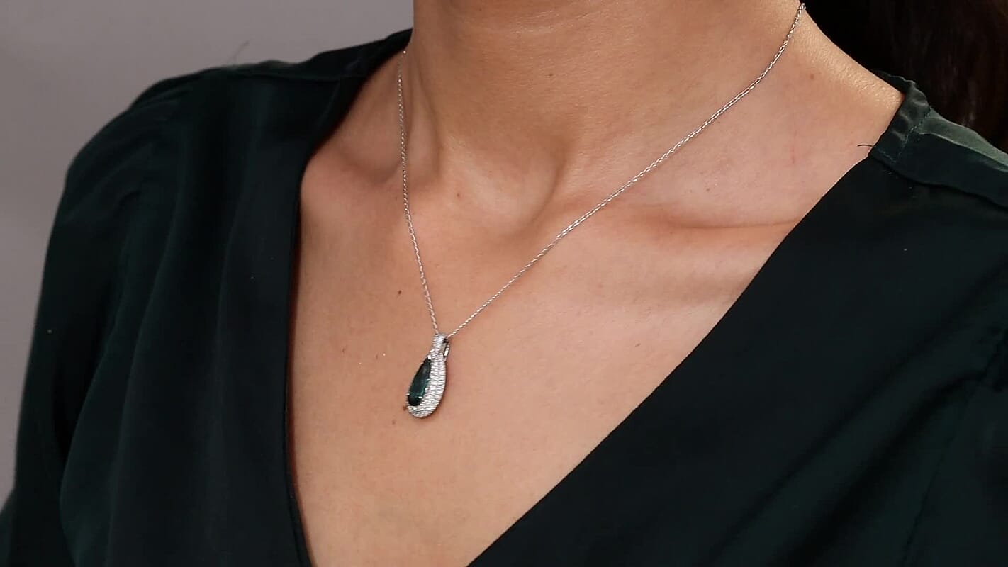 Certified & Appraised Rhapsody AAAA Monte Belo Indicolite and E-F VS Diamond 2.02 ctw Pendant Necklace in 950 Platinum 20 Inches
