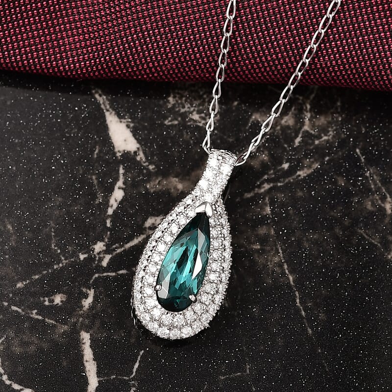 Certified & Appraised Rhapsody AAAA Monte Belo Indicolite and E-F VS Diamond 2.02 ctw Pendant Necklace in 950 Platinum 20 Inches