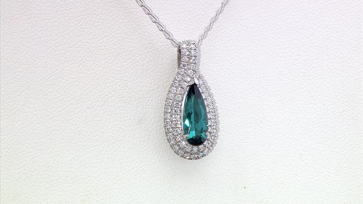 Certified & Appraised Rhapsody AAAA Monte Belo Indicolite and E-F VS Diamond 2.02 ctw Pendant Necklace in 950 Platinum 20 Inches