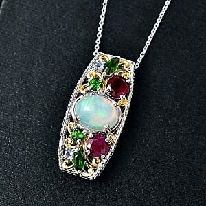 D'Joy Ethiopian Welo Opal and Multi Gemstone 4.00 ctw Pendant Necklace (20 Inches) in Rhodium Over Sterling Silver