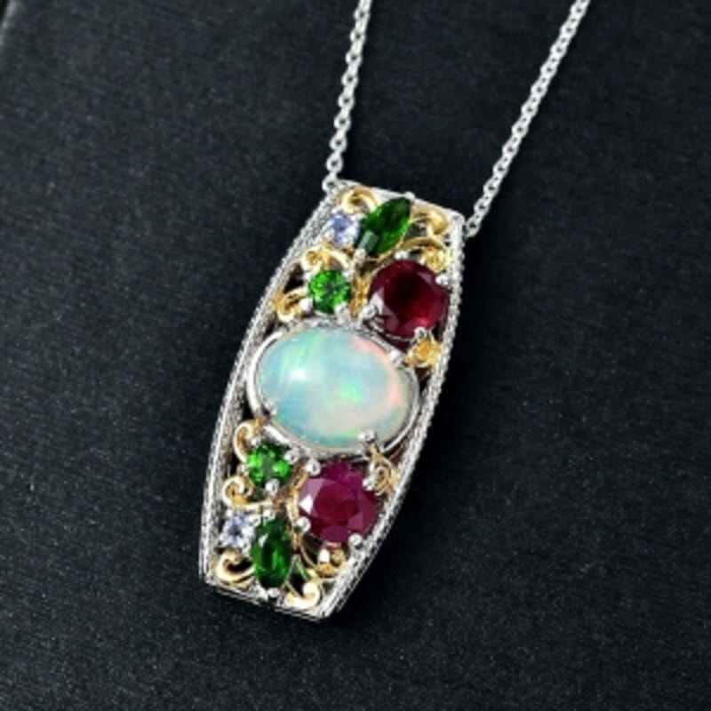 D'Joy Ethiopian Welo Opal and Multi Gemstone 4.00 ctw Pendant Necklace (20 Inches) in Rhodium Over Sterling Silver