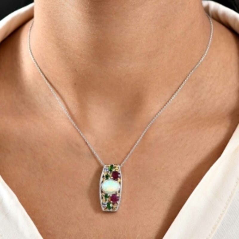 D'Joy Ethiopian Welo Opal and Multi Gemstone 4.00 ctw Pendant Necklace (20 Inches) in Rhodium Over Sterling Silver