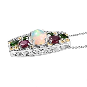D'Joy Ethiopian Welo Opal and Multi Gemstone 4.00 ctw Pendant Necklace (20 Inches) in Rhodium Over Sterling Silver