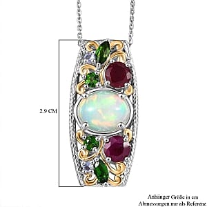 D'Joy Ethiopian Welo Opal and Multi Gemstone 4.00 ctw Pendant Necklace (20 Inches) in Rhodium Over Sterling Silver