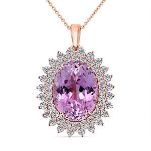 AAAA Patroke Kunzite and G-H SI Luxuriant Lab Grown Diamond 14.35 ctw Soul Bloom Pendant Necklace in 10K Rose Gold 18 Inches