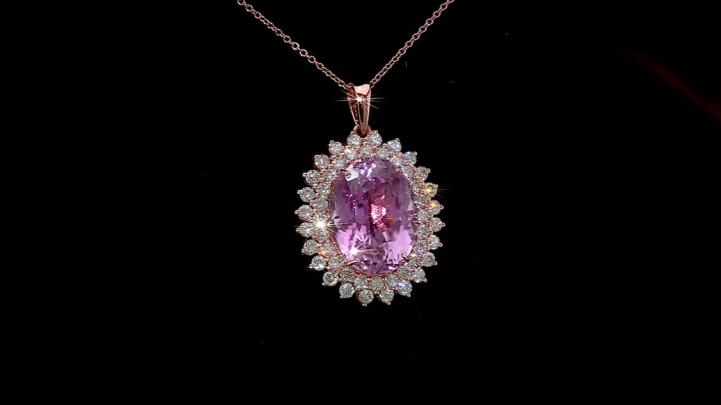 AAAA Patroke Kunzite and G-H SI Luxuriant Lab Grown Diamond 14.35 ctw Soul Bloom Pendant Necklace in 10K Rose Gold 18 Inches