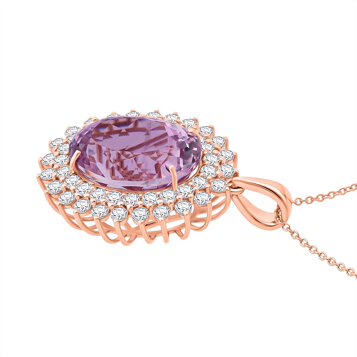 AAAA Patroke Kunzite and G-H SI Luxuriant Lab Grown Diamond 14.35 ctw Soul Bloom Pendant Necklace in 10K Rose Gold 18 Inches image number 3