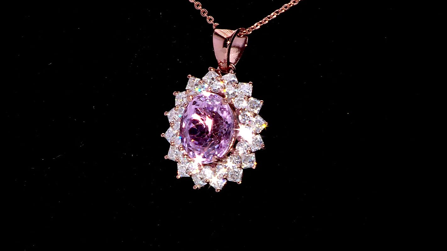 D'Joy AAA Patroke Kunzite and Moissanite 4.80 ctw Rose Radiance Pendant Necklace in 18K Vermeil Rose Gold Over Sterling Silver 20 Inches