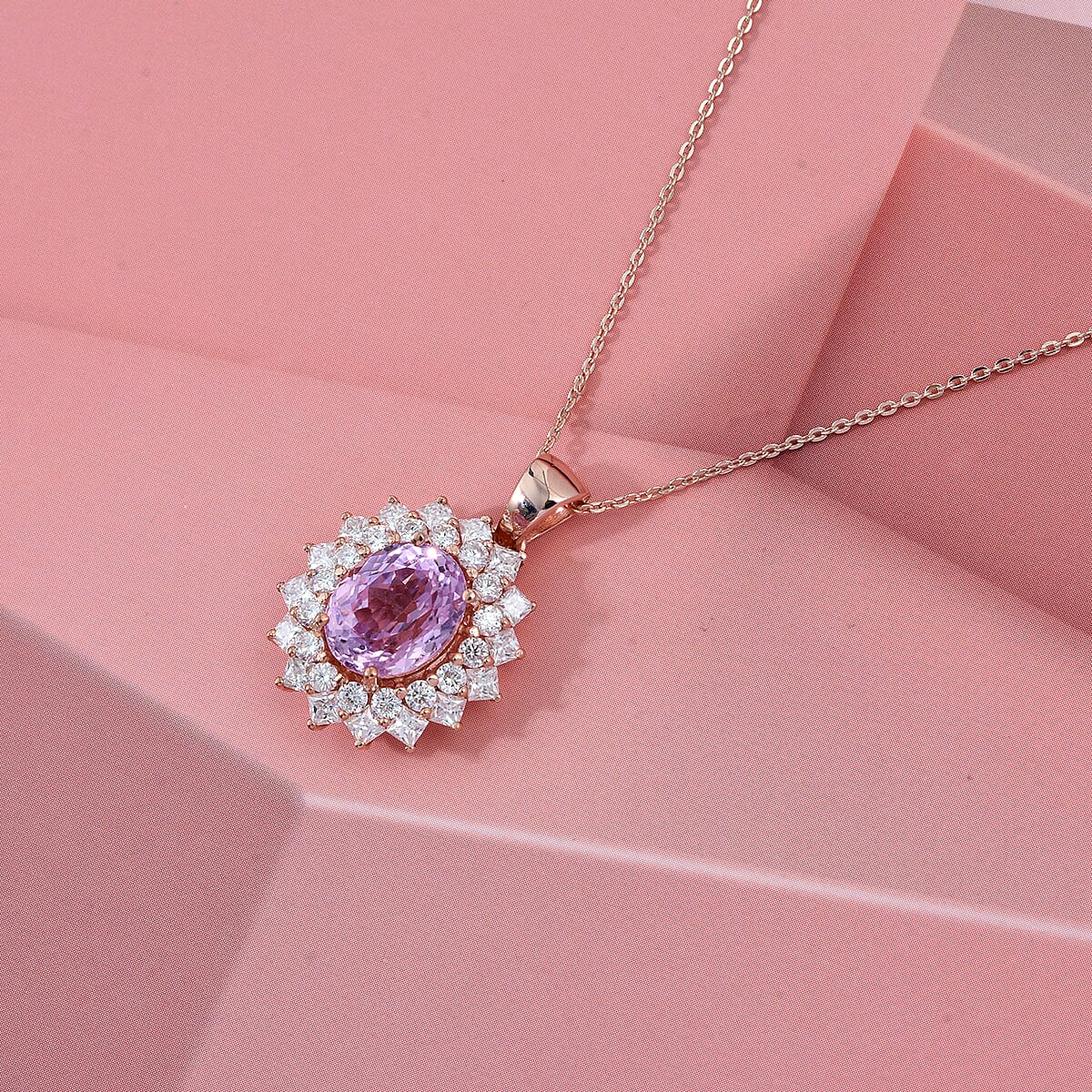D'Joy AAA Patroke Kunzite and Moissanite 4.80 ctw Rose Radiance Pendant Necklace in 18K Vermeil Rose Gold Over Sterling Silver 20 Inches image number 2