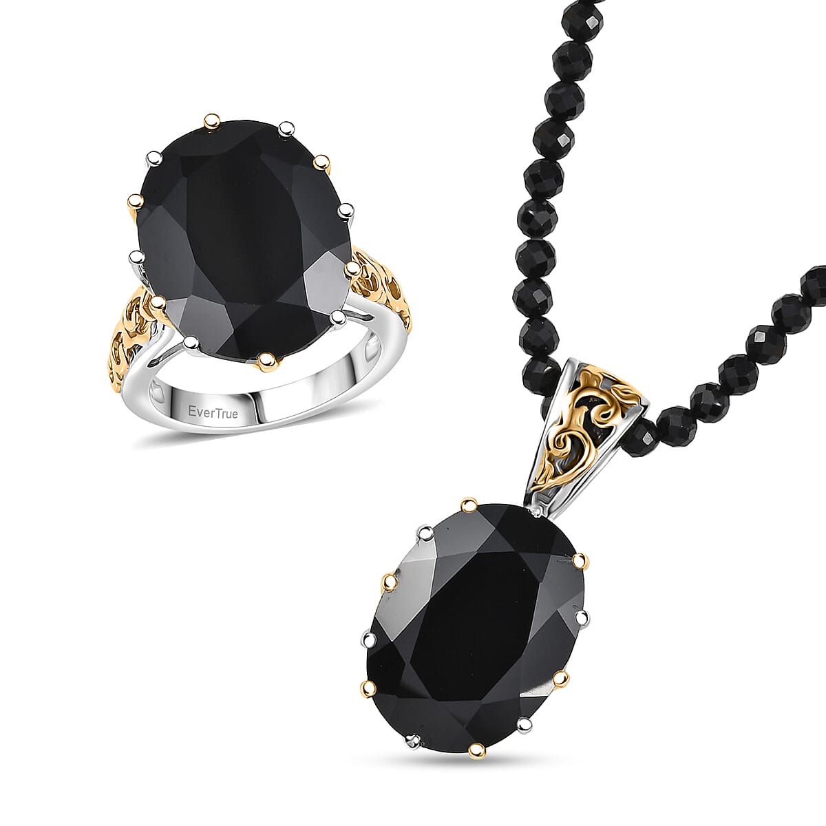 EverTrue Thai Black Spinel 78.90 ctw Ring (Size 5.00) and Pendant with Beaded Necklace 18 Inches in 18K YG Plated and Platinum Bond image number 0