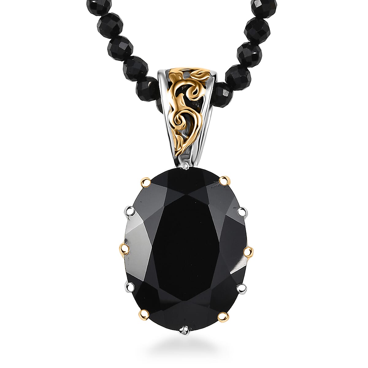 EverTrue Thai Black Spinel 78.90 ctw Ring (Size 5.00) and Pendant with Beaded Necklace 20 Inches in 18K YG Plated and Platinum Bond