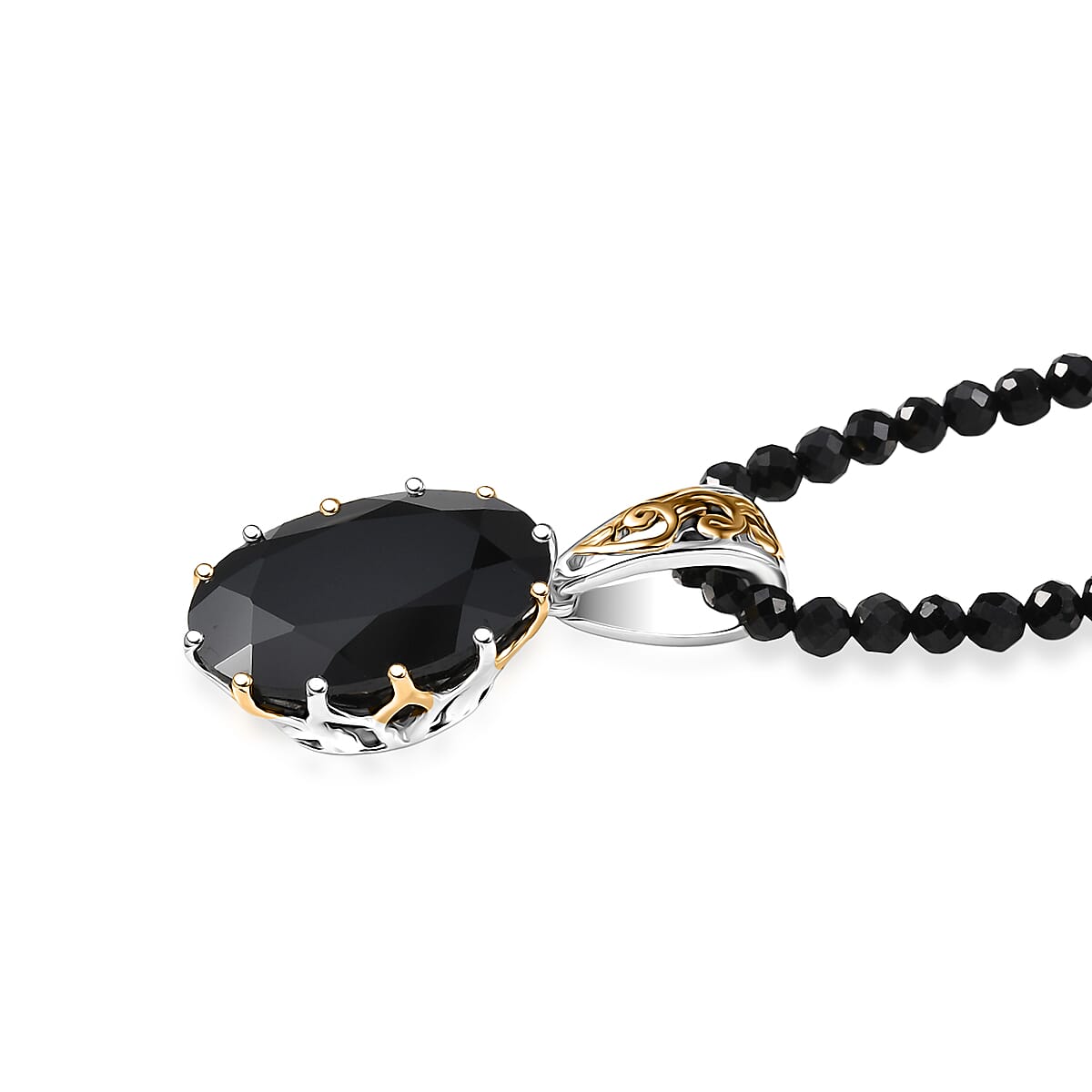 EverTrue Thai Black Spinel 78.90 ctw Ring (Size 5.00) and Pendant with Beaded Necklace 18 Inches in 18K YG Plated and Platinum Bond image number 8