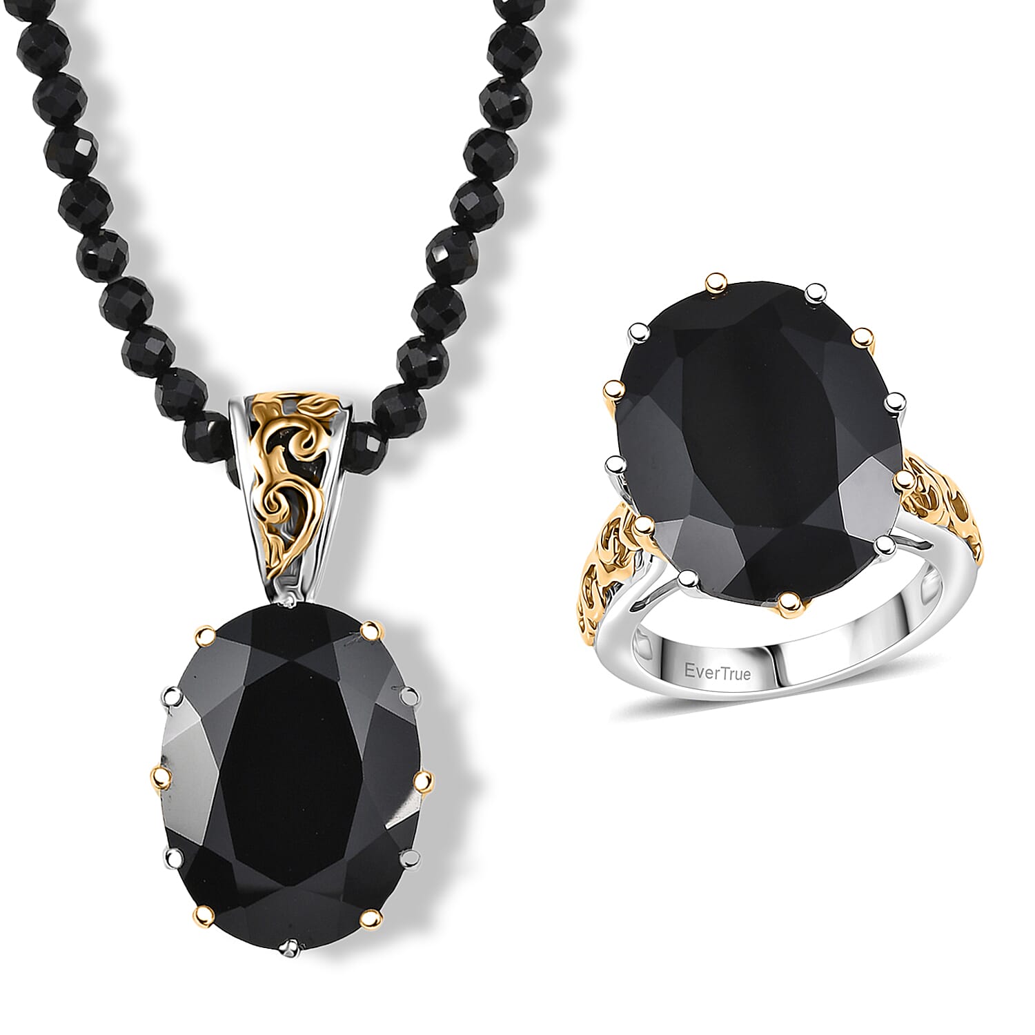 EverTrue Thai Black Spinel 78.90 ctw Ring (Size 6.00) and Pendant with Beaded Necklace 18 Inches in 18K YG Plated and Platinum Bond