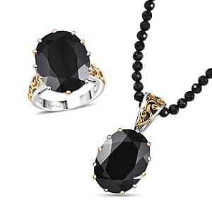 EverTrue Thai Black Spinel 78.90 ctw Ring (Size 6.00) and Pendant with Beaded Necklace 18 Inches in 18K YG Plated and Platinum Bond