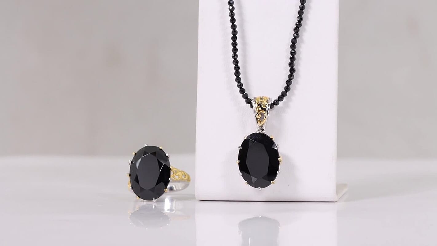 EverTrue 2 Piece Set Thai Black Spinel Ring (Size 11.00) and Pendant with Beaded Necklace (20 Inches) in 18K YG Plated and Platinum Bond 78.90 ctw