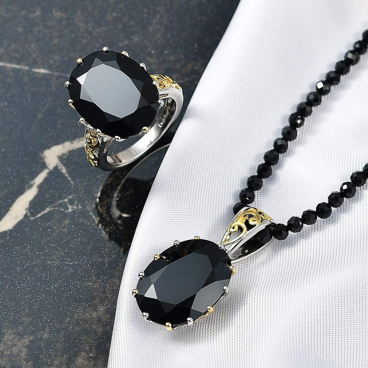 EverTrue Thai Black Spinel 78.90 ctw Ring (Size 6.00) and Pendant with Beaded Necklace 18 Inches in 18K YG Plated and Platinum Bond image number 1