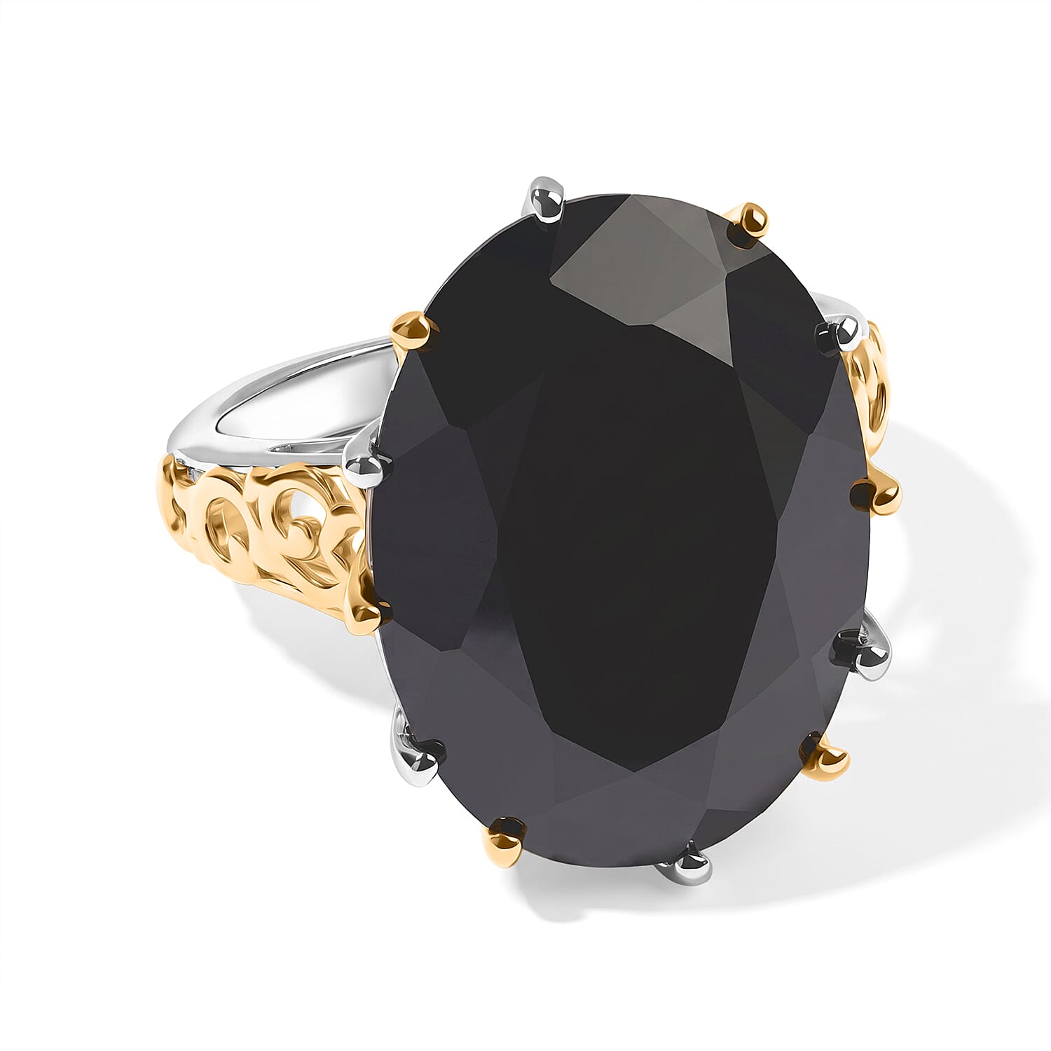 EverTrue Thai Black Spinel 78.90 ctw Ring (Size 6.00) and Pendant with Beaded Necklace 18 Inches in 18K YG Plated and Platinum Bond