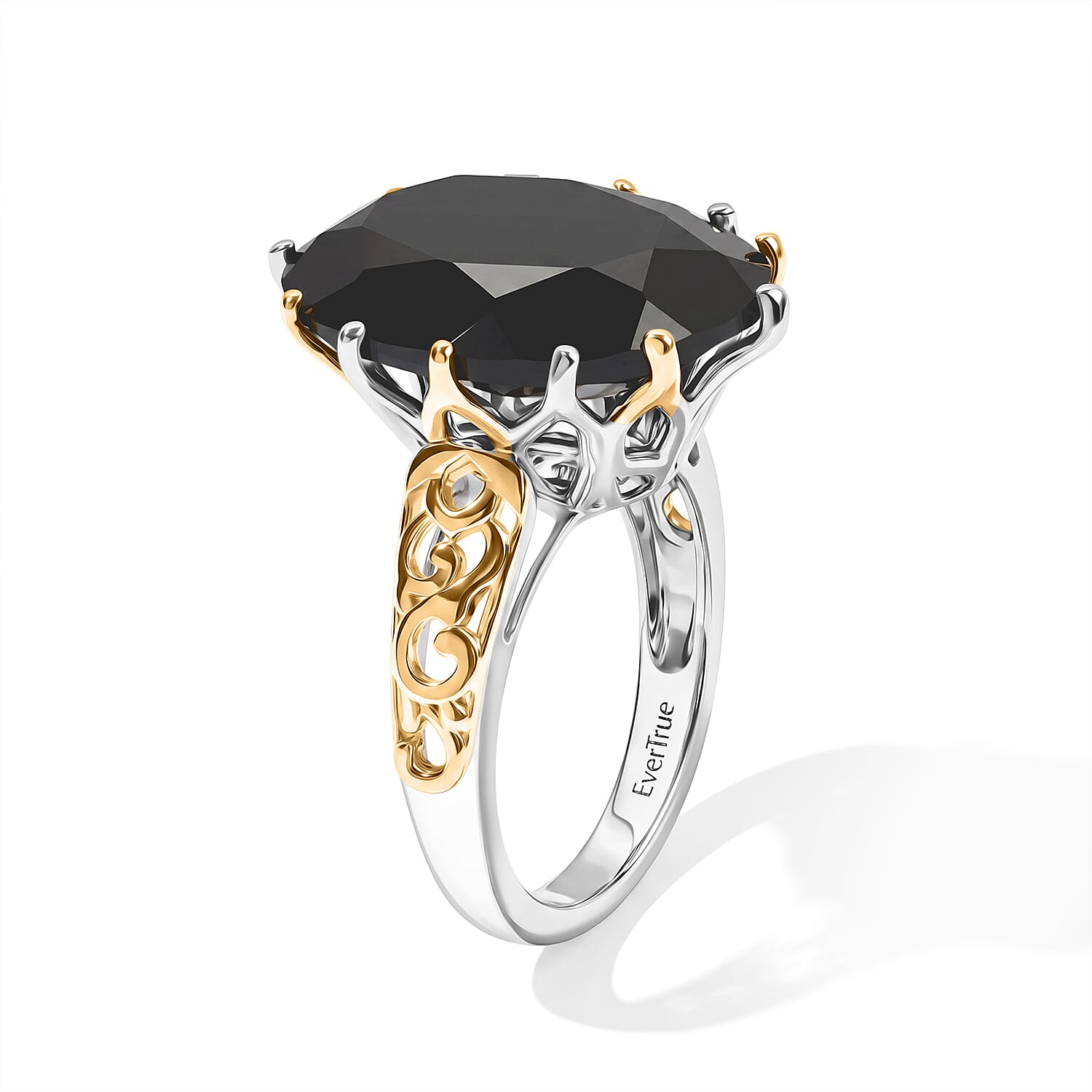EverTrue Thai Black Spinel 78.90 ctw Ring (Size 6.00) and Pendant with Beaded Necklace 18 Inches in 18K YG Plated and Platinum Bond