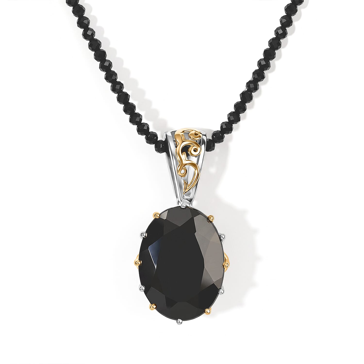 EverTrue Thai Black Spinel 78.90 ctw Ring (Size 6.00) and Pendant with Beaded Necklace 18 Inches in 18K YG Plated and Platinum Bond