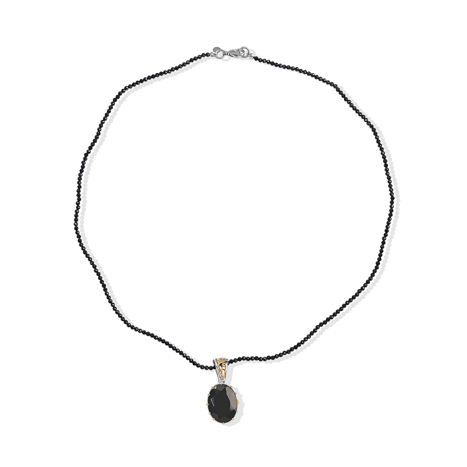 EverTrue Thai Black Spinel 78.90 ctw Ring (Size 6.00) and Pendant with Beaded Necklace 18 Inches in 18K YG Plated and Platinum Bond
