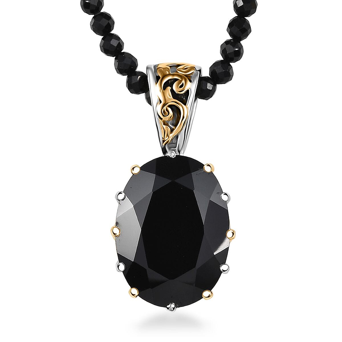 EverTrue Thai Black Spinel 78.90 ctw Ring (Size 9.00) and Pendant with Beaded Necklace 20 Inches in 18K YG Plated and Platinum Bond image number 8