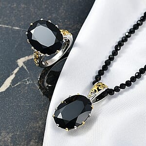 EverTrue Thai Black Spinel 78.90 ctw Ring (Size 10.00) and Pendant with Beaded Necklace 20 Inches in 18K YG Plated and Platinum Bond