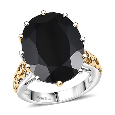 EverTrue Thai Black Spinel 78.90 ctw Ring (Size 10.00) and Pendant with Beaded Necklace 20 Inches in 18K YG Plated and Platinum Bond