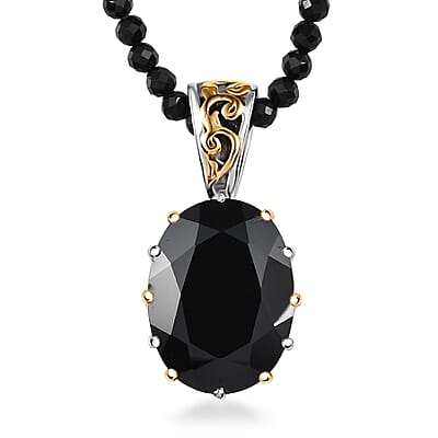 EverTrue Thai Black Spinel 78.90 ctw Ring (Size 10.00) and Pendant with Beaded Necklace 20 Inches in 18K YG Plated and Platinum Bond