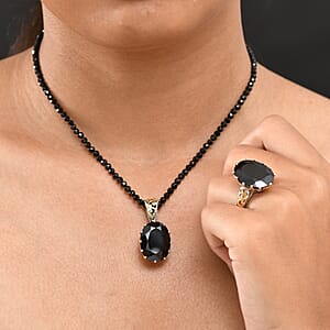 EverTrue Thai Black Spinel 78.90 ctw Ring (Size 11.00) and Pendant with Beaded Necklace 20 Inches in 18K YG Plated and Platinum Bond