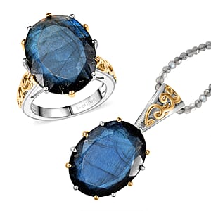 EverTrue Malagasy Labradorite 40.80 ctw Ring (Size 6.00) and Pendant with Beaded Necklace 20 Inches in 18K YG Plated and Platinum Bond