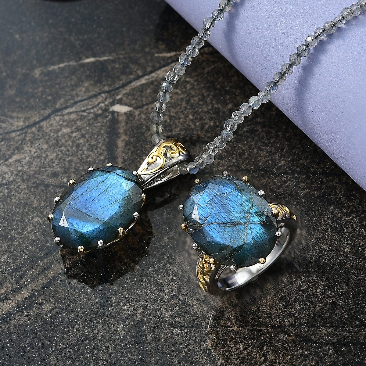 EverTrue Malagasy Labradorite 40.80 ctw Ring (Size 6.00) and Pendant with Beaded Necklace 20 Inches in 18K YG Plated and Platinum Bond image number 1