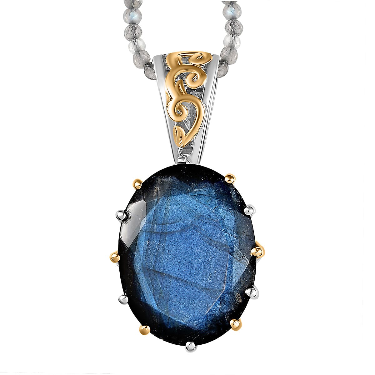EverTrue Malagasy Labradorite 40.80 ctw Ring (Size 6.00) and Pendant with Beaded Necklace 20 Inches in 18K YG Plated and Platinum Bond image number 6