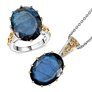EverTrue Malagasy Labradorite 40.80 ctw Ring (Size 7.00) and Pendant with Beaded Necklace 20 Inches in 18K YG Plated and Platinum Bond (Del. in 7-10 Days)