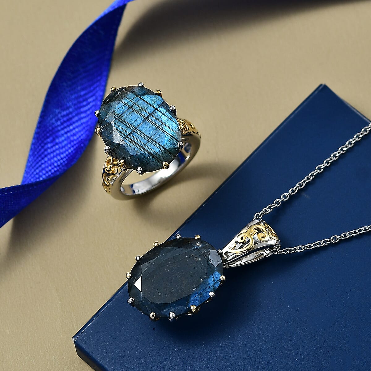 EverTrue Malagasy Labradorite 40.80 ctw Ring (Size 7.00) and Pendant with Beaded Necklace 20 Inches in 18K YG Plated and Platinum Bond (Del. in 7-10 Days) image number 1