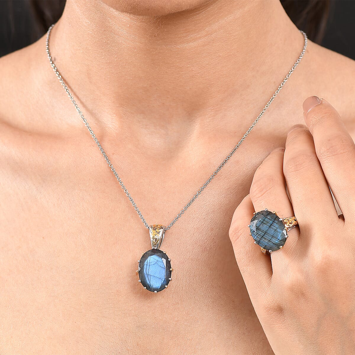 EverTrue Malagasy Labradorite 40.80 ctw Ring (Size 7.00) and Pendant with Beaded Necklace 20 Inches in 18K YG Plated and Platinum Bond (Del. in 7-10 Days) image number 2