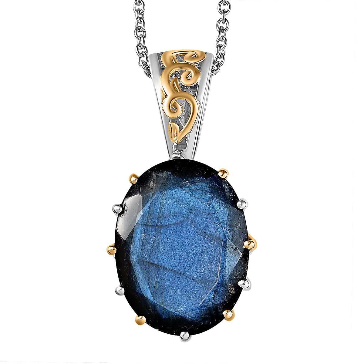 EverTrue Malagasy Labradorite 40.80 ctw Ring (Size 7.00) and Pendant with Beaded Necklace 20 Inches in 18K YG Plated and Platinum Bond (Del. in 7-10 Days) image number 6