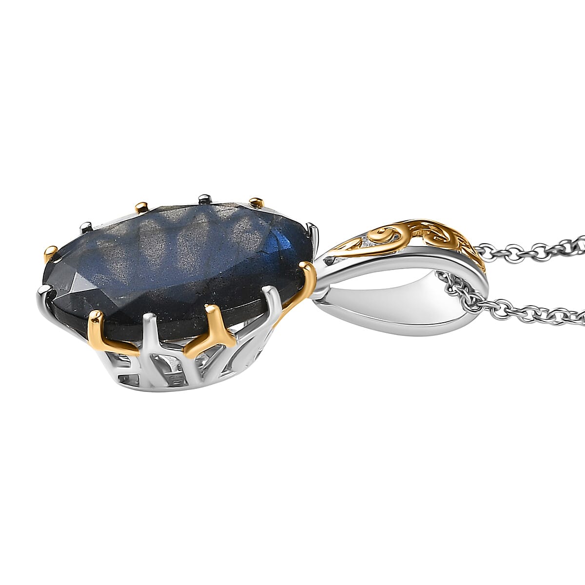 EverTrue Malagasy Labradorite 40.80 ctw Ring (Size 7.00) and Pendant with Beaded Necklace 20 Inches in 18K YG Plated and Platinum Bond (Del. in 7-10 Days) image number 7
