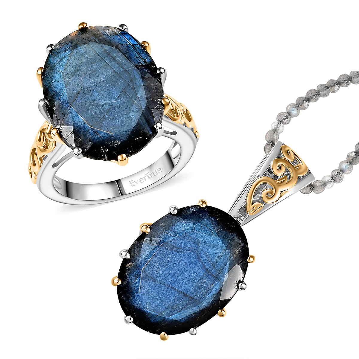 EverTrue Malagasy Labradorite 40.80 ctw Ring (Size 9.00) and Pendant with Beaded Necklace 18 Inches in 18K YG Plated and Platinum Bond image number 0