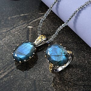 EverTrue Malagasy Labradorite 40.80 ctw Ring (Size 9.00) and Pendant with Beaded Necklace 18 Inches in 18K YG Plated and Platinum Bond