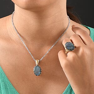 EverTrue Malagasy Labradorite 40.80 ctw Ring (Size 9.00) and Pendant with Beaded Necklace 18 Inches in 18K YG Plated and Platinum Bond