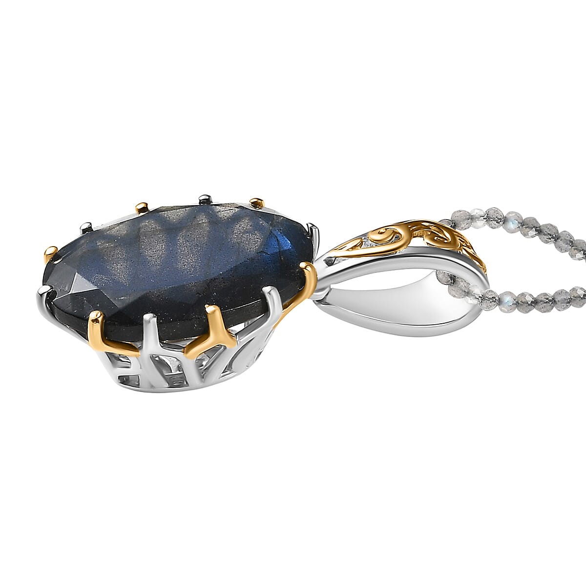 EverTrue Malagasy Labradorite 40.80 ctw Ring (Size 9.00) and Pendant with Beaded Necklace 18 Inches in 18K YG Plated and Platinum Bond image number 7