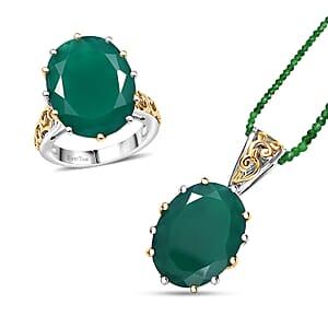 EverTrue Green Onyx 38.20 ctw Ring (Size 6.00) and Pendant with Beaded Necklace 18 Inches in 18K YG Plated and Platinum Bond