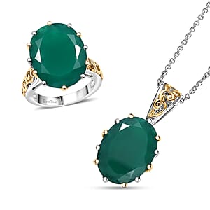 EverTrue Green Onyx 38.20 ctw Ring (Size 7.00) and Pendant with Beaded Necklace 20 Inches in 18K YG Plated and Platinum Bond (Del. in 7-10 Days)
