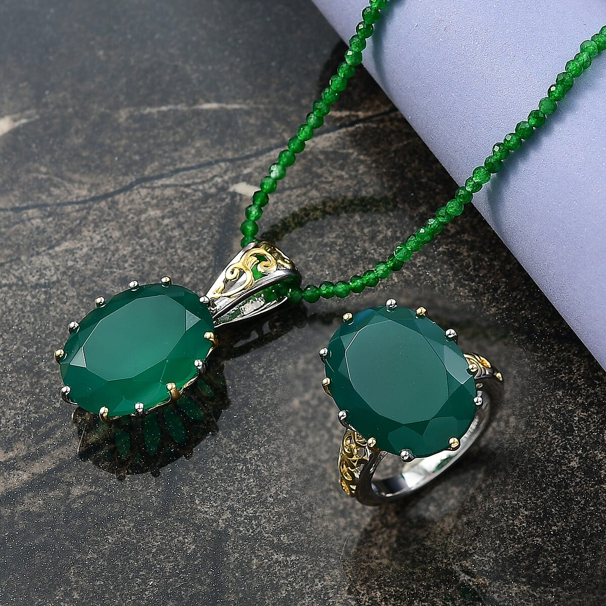 EverTrue Green Onyx 38.20 ctw Ring (Size 9.00) and Pendant with Beaded Necklace 20 Inches in 18K YG Plated and Platinum Bond image number 1
