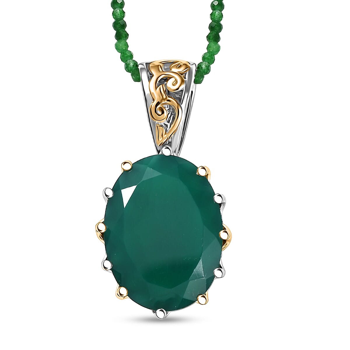 EverTrue Green Onyx 38.20 ctw Ring (Size 9.00) and Pendant with Beaded Necklace 20 Inches in 18K YG Plated and Platinum Bond image number 6