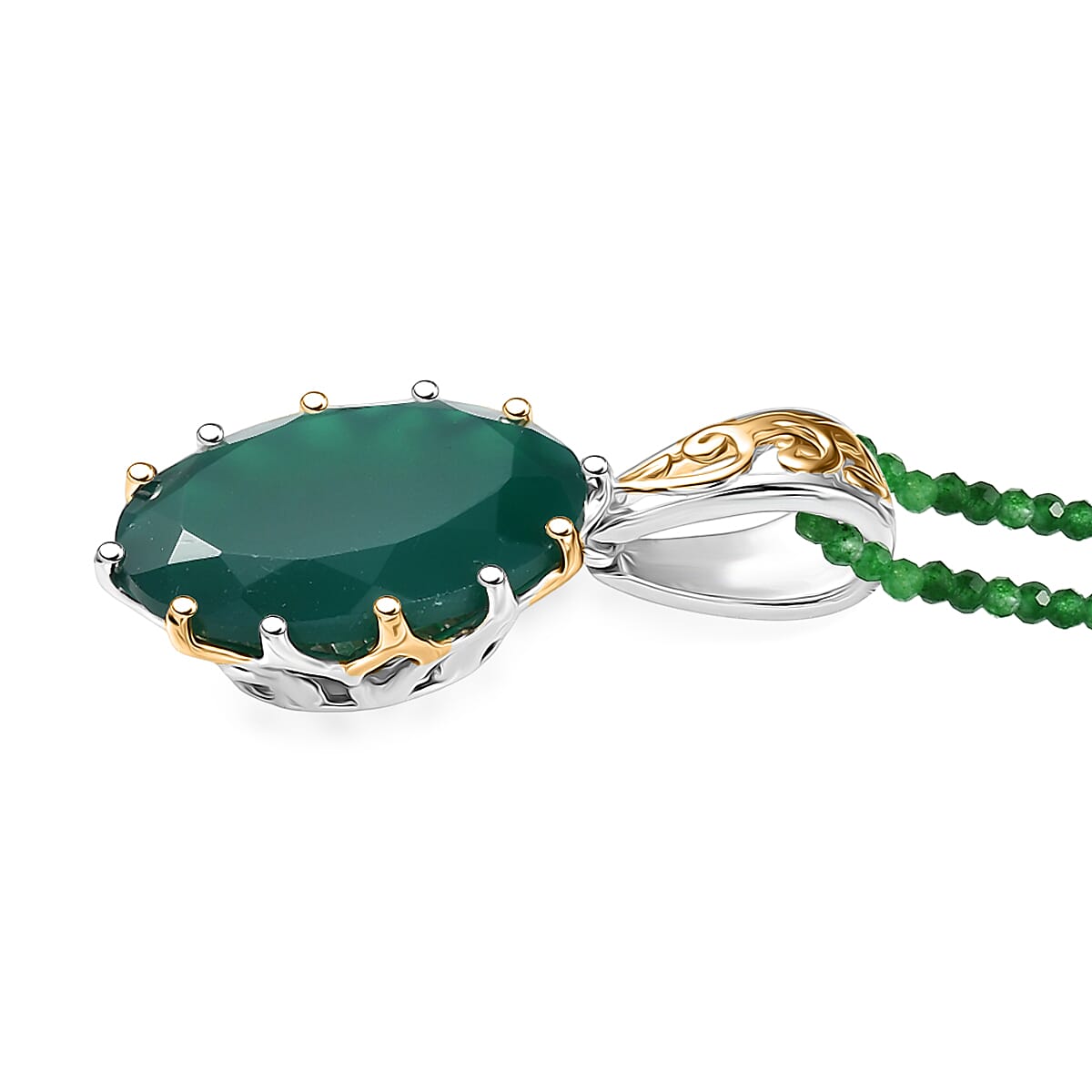 EverTrue Green Onyx 38.20 ctw Ring (Size 9.00) and Pendant with Beaded Necklace 20 Inches in 18K YG Plated and Platinum Bond image number 7