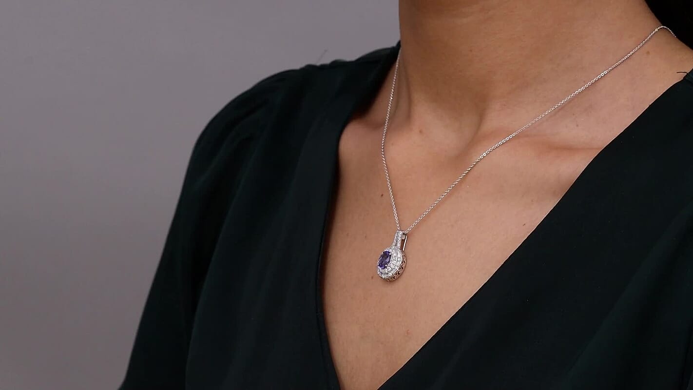 D'Joy Premium Tanzanite and Moissanite 1.75 ctw Pendant Necklace in Rhodium Over Sterling Silver 20 Inches